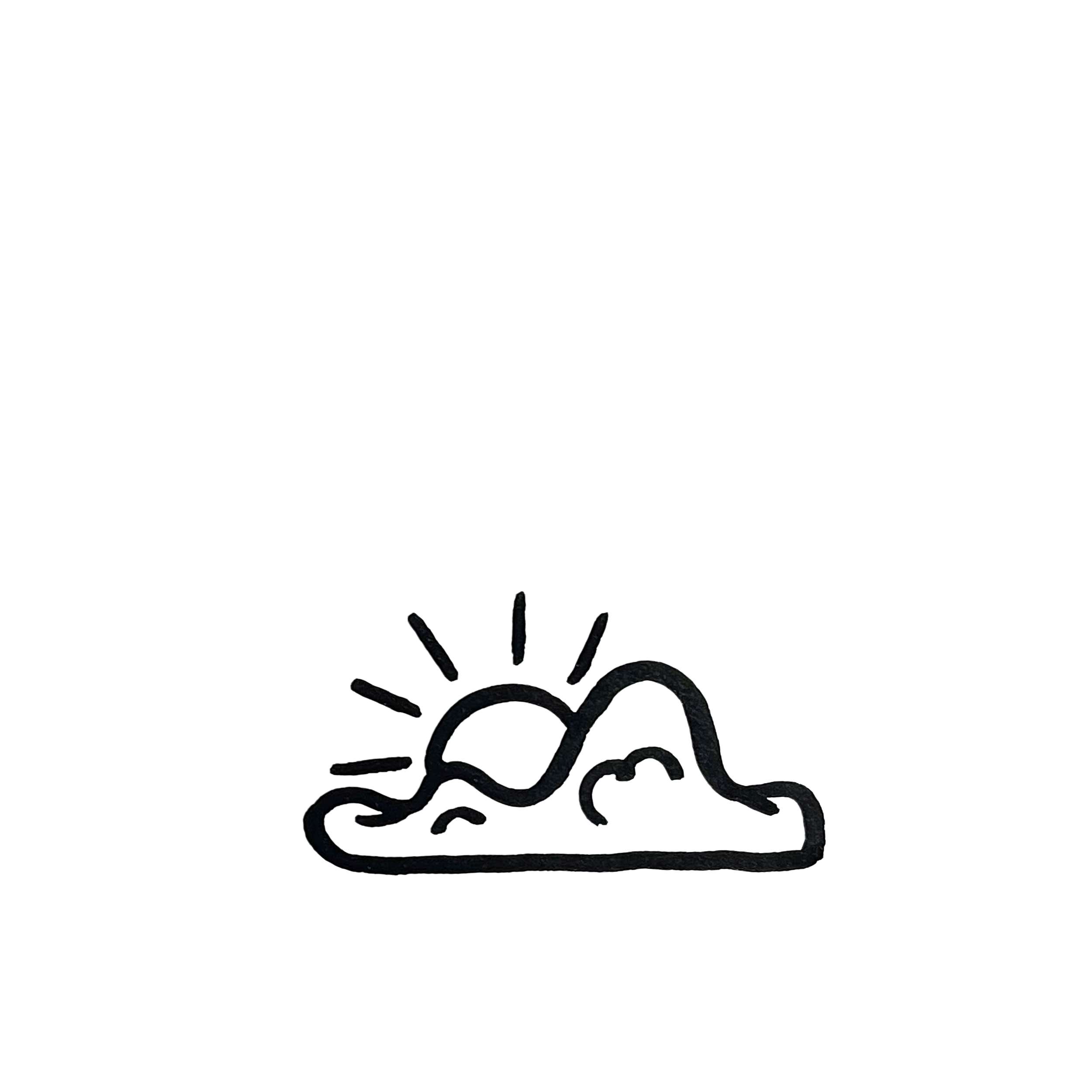 Outline of a sleeping cartoon dog lying on a patch of ground with a small sun above its back, emitting rays, on a black background.