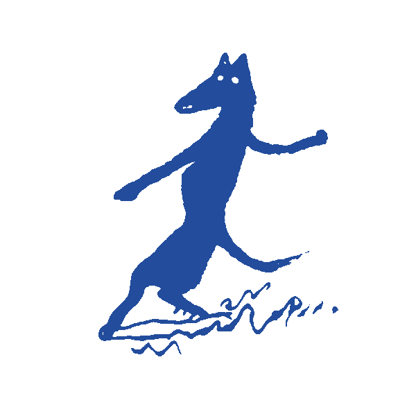A blue illustration of a dog standing on its hind legs, with one paw raised and a playful expression, on a black background.