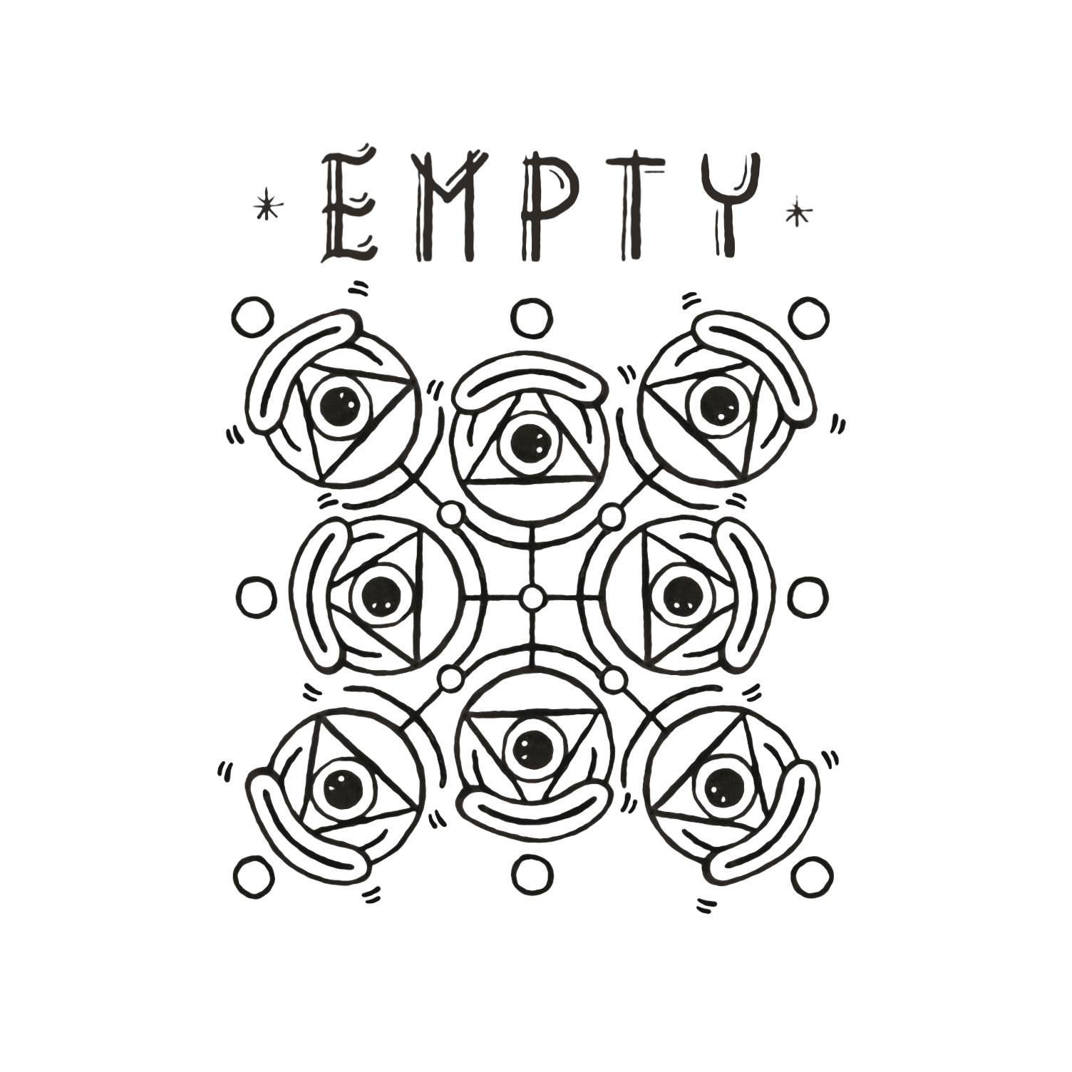 Black and white abstract illustration with the word 'EMPTY' at the top and interconnected eye-like symbols with swirling details.
