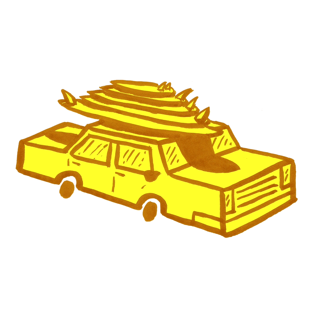 A yellow tow truck with a surfboard on top, drawn in a cartoon style.
