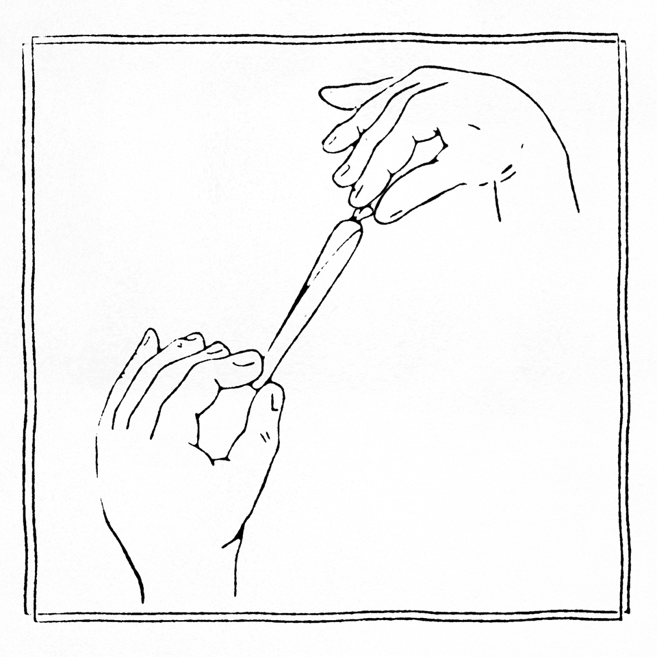 Line art illustration of one hand holding a nail file and another hand with fingers taped, demonstrating the process of filing a fingernail.