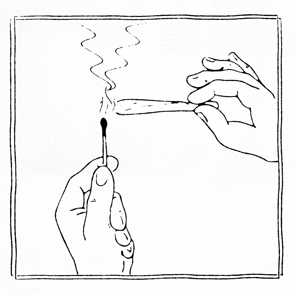A line drawing of two hands, one holding a lit matchstick and the other holding a cigarette, with smoke rising from the match.