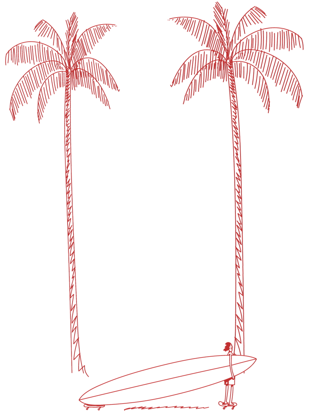 A minimalist illustration of two tall palm trees and a person standing with a surfboard next to one palm tree.