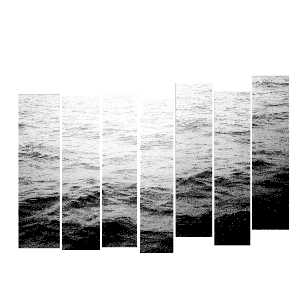 Black and white photo of ocean waves, divided into several vertical panels of varying heights.