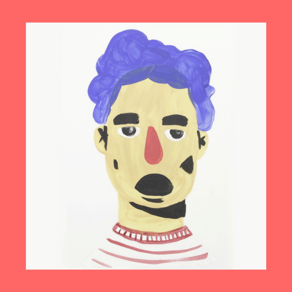 A colorful abstract portrait of a person's face with purple hair, a big red nose, black eyebrows, and black markings on its cheeks and chin, wearing a red and white striped shirt.