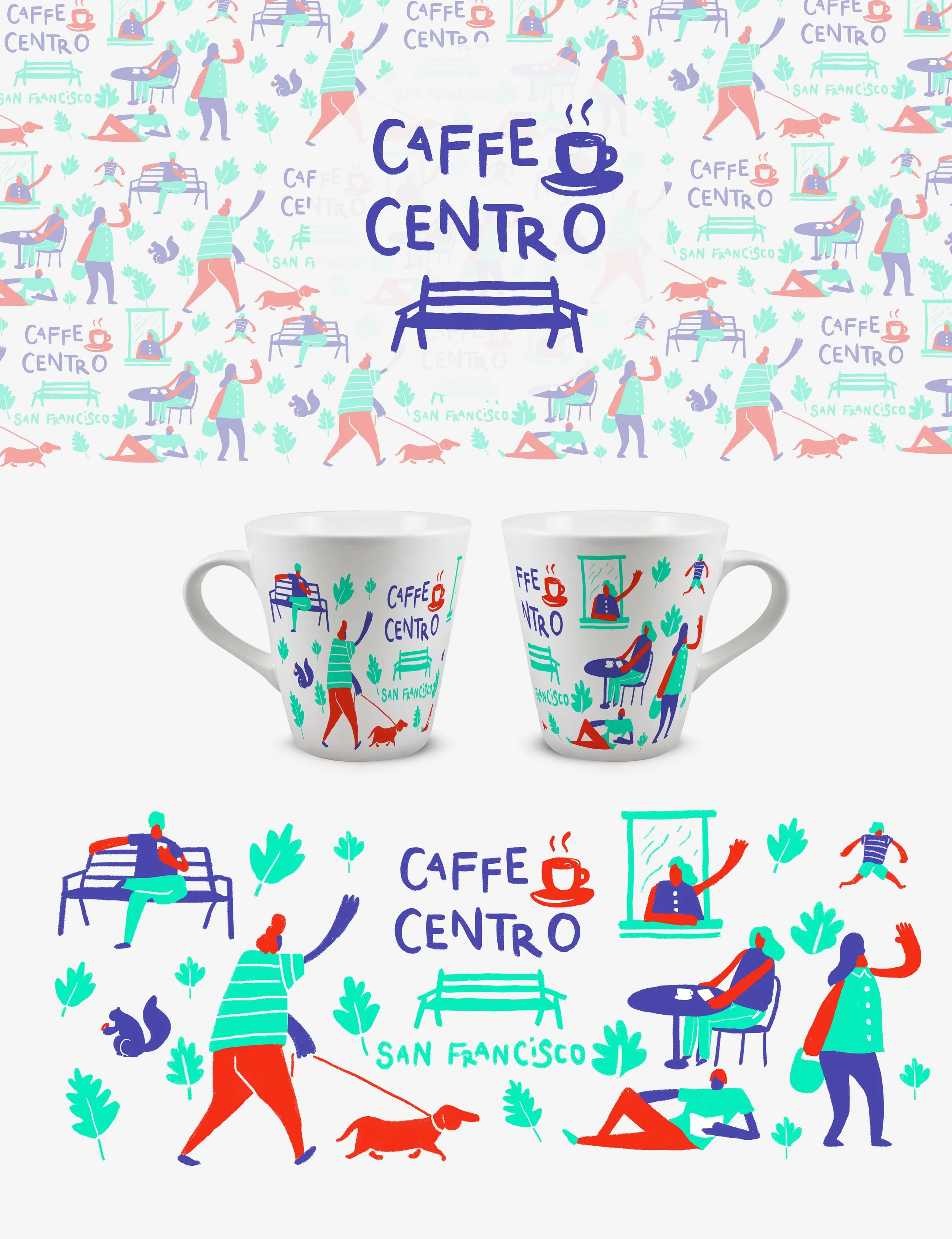 Colorful illustration with people sitting on benches, walking dogs, and relaxing outdoors. The scene includes greenery, a window with a person inside, and text reading 'Caffè Centro' and 'San Francisco,' suggesting a coffee shop or outdoor café in San Francisco.