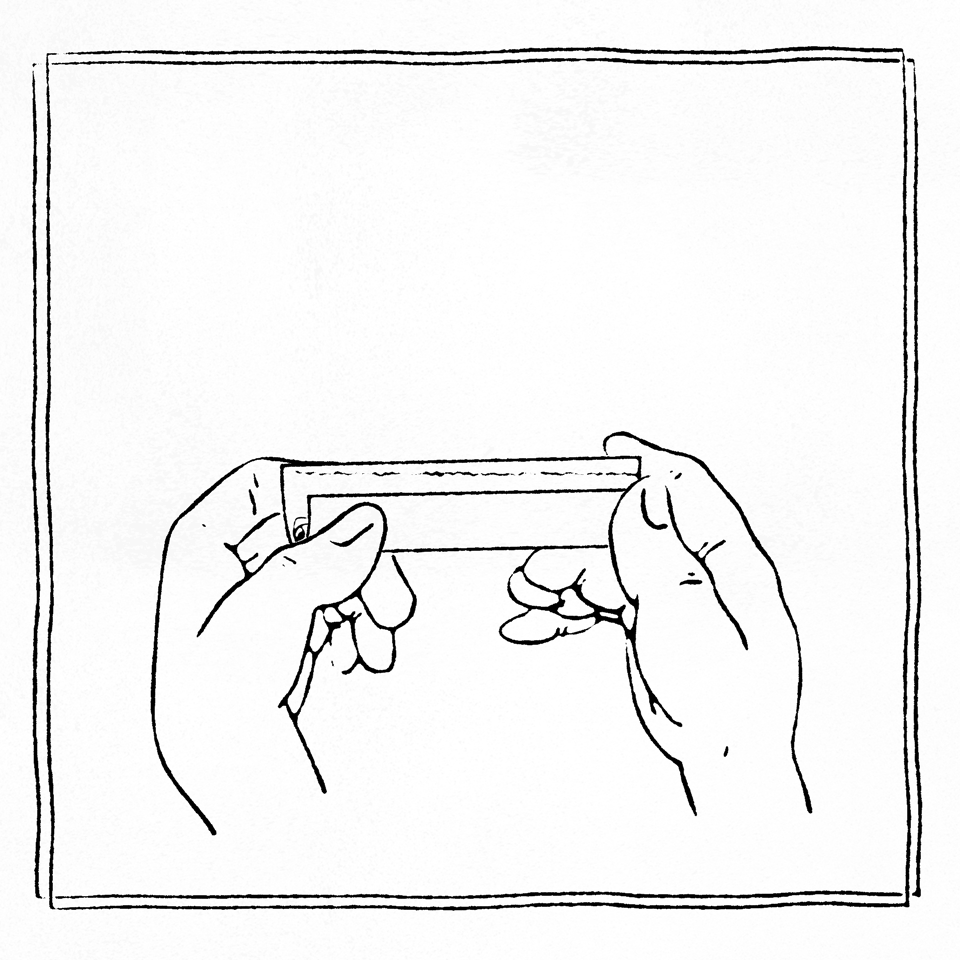 Line drawing of hands holding a blank card or ticket, with an empty background and a border.