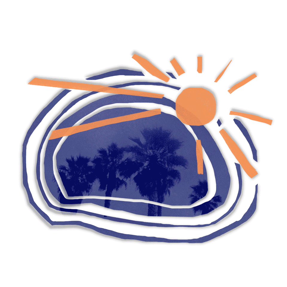 Stylized illustration of a beach scene with palm trees, a stylized sun, and abstract ocean waves.