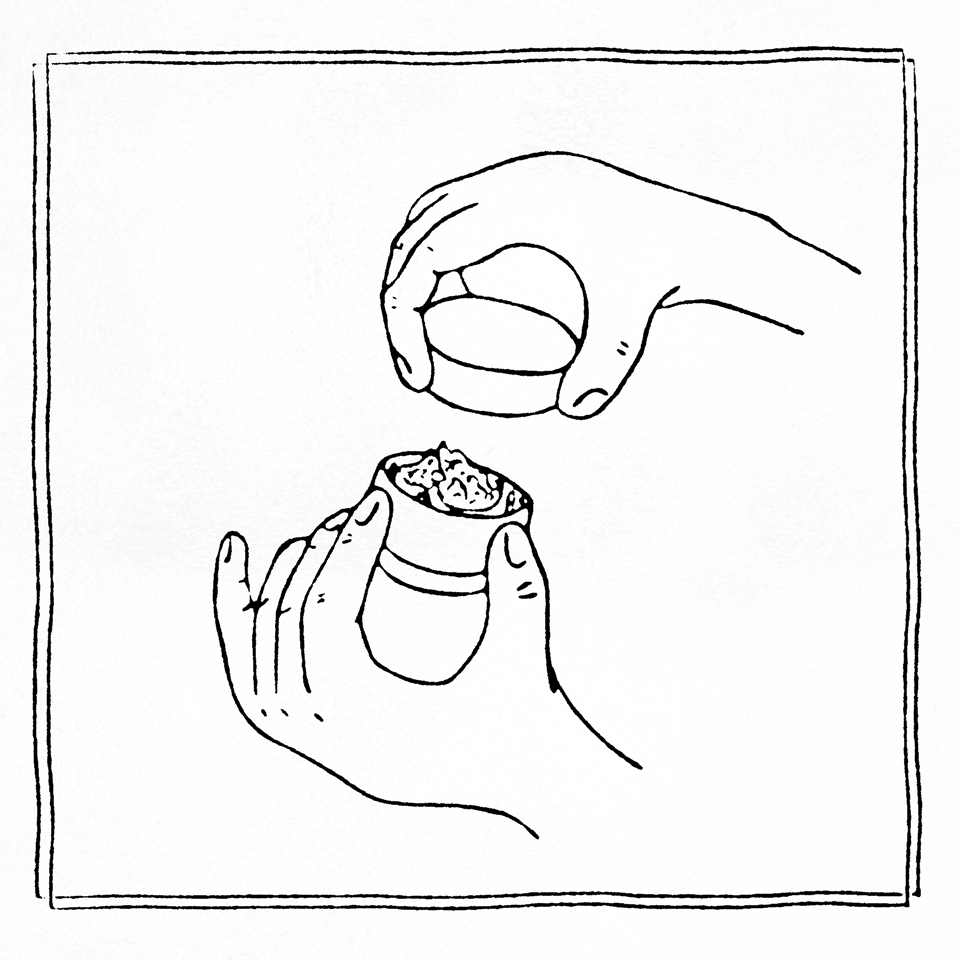A line drawing of a person opening a container with a lid, revealing an unspecified substance inside.