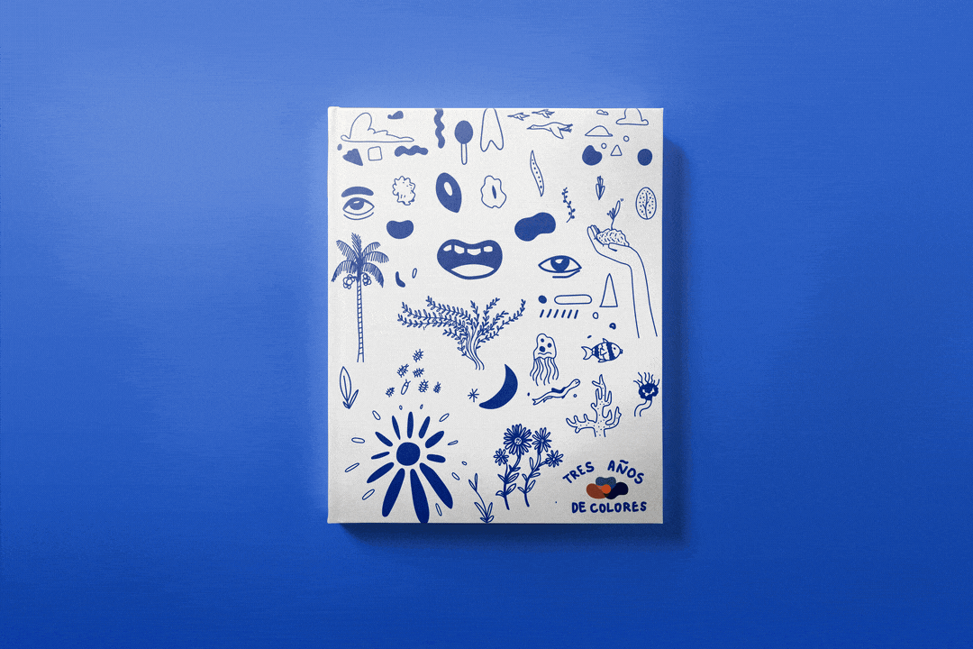 A booklet with blue and white illustrations of various abstract and nature-inspired doodles, including faces, eyes, plants, animals, and the text 'Tres Años De Colores' on the cover.