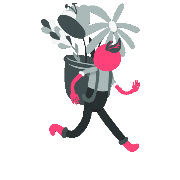 A cartoon person with a pink head, carrying a large bag filled with flowers and plants, walking or jogging.