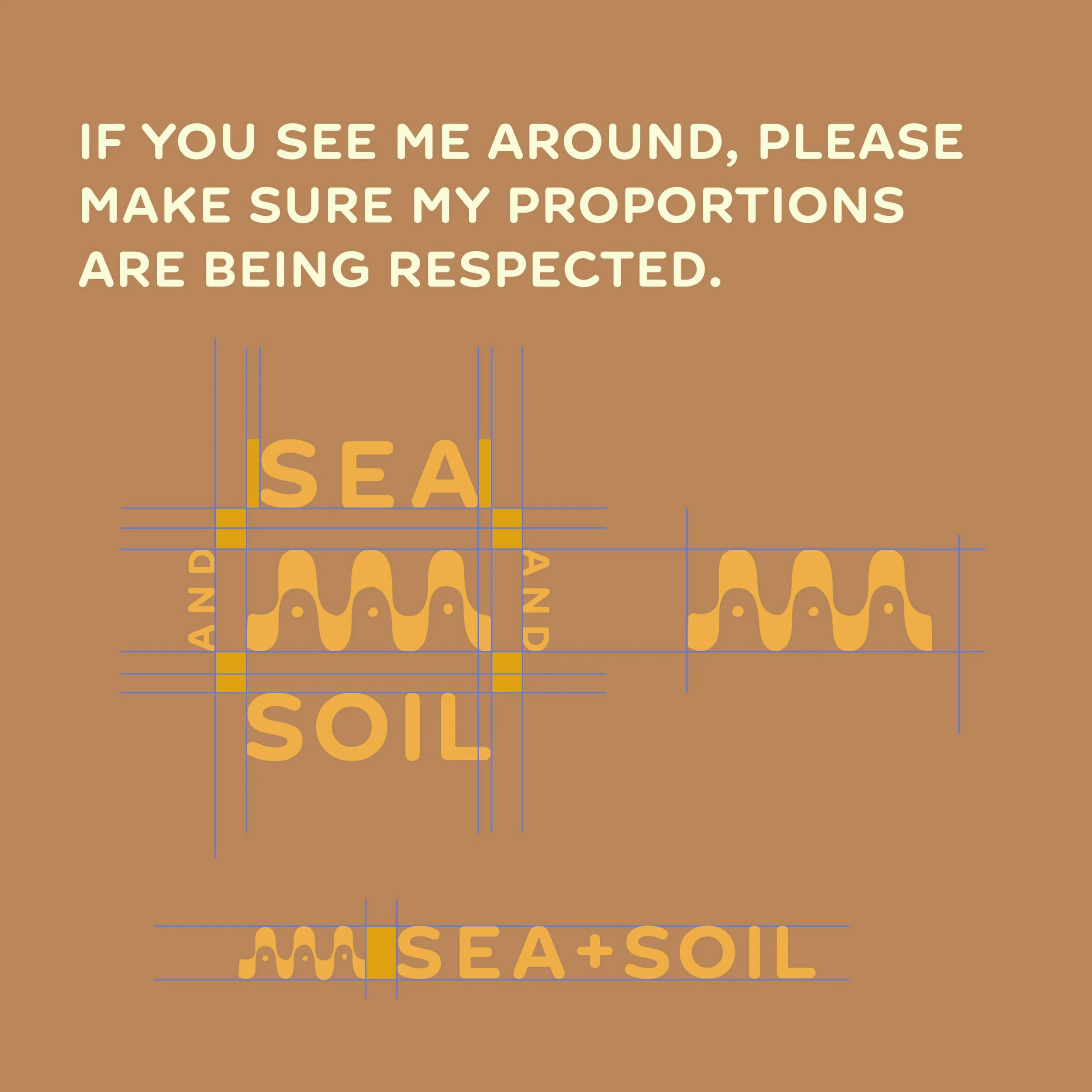 A sign with text that reads, "If you see me around, please make sure my proportions are being respected." The background is brown, and there are graphical elements illustrating the words "sea" and "soil" with wave and soil texture designs, with blue guide lines overlaying the text.