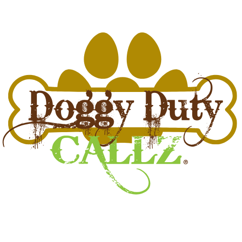 Logo with a large dog paw print and the text 'Doggy Duty CALLZ' in brown and green, with a distressed font style.