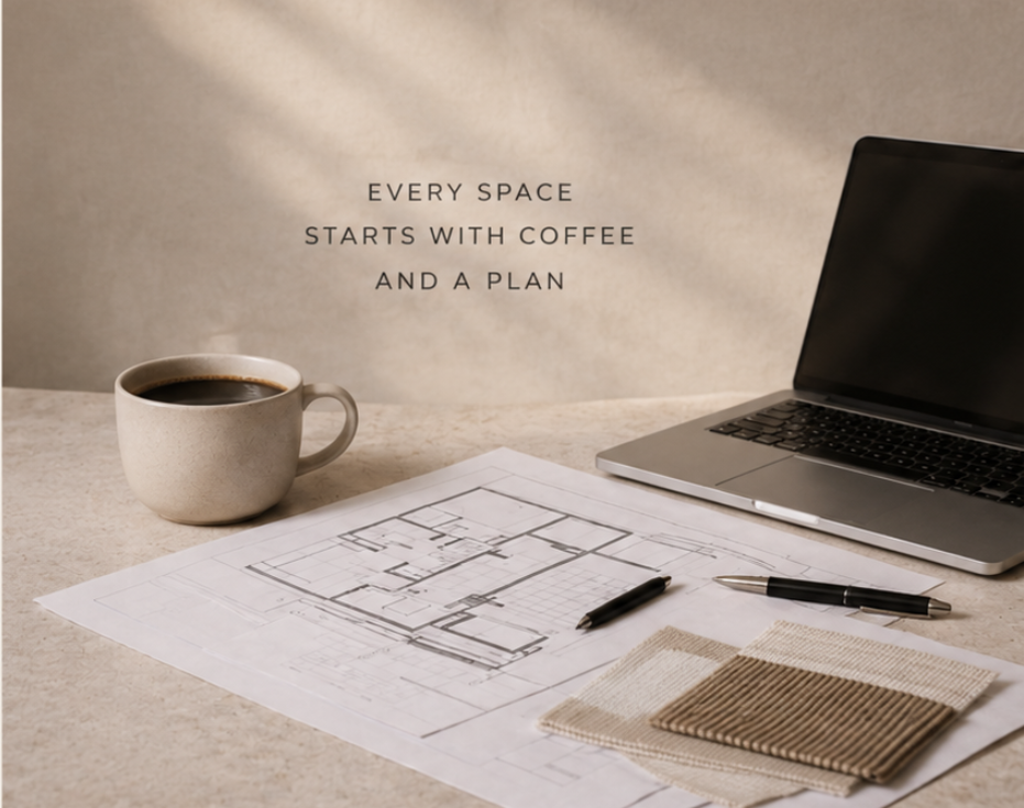 Interior design workspace with floor plans, material swatches, and coffee by RAUM-WERK