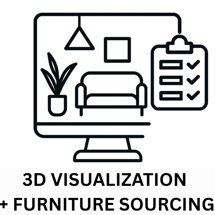 Line drawing of a computer screen displaying a room with a sofa, a potted plant, a hanging light, a picture frame, and a checklist. Text below reads "3D Visualization + Furniture Sourcing."
