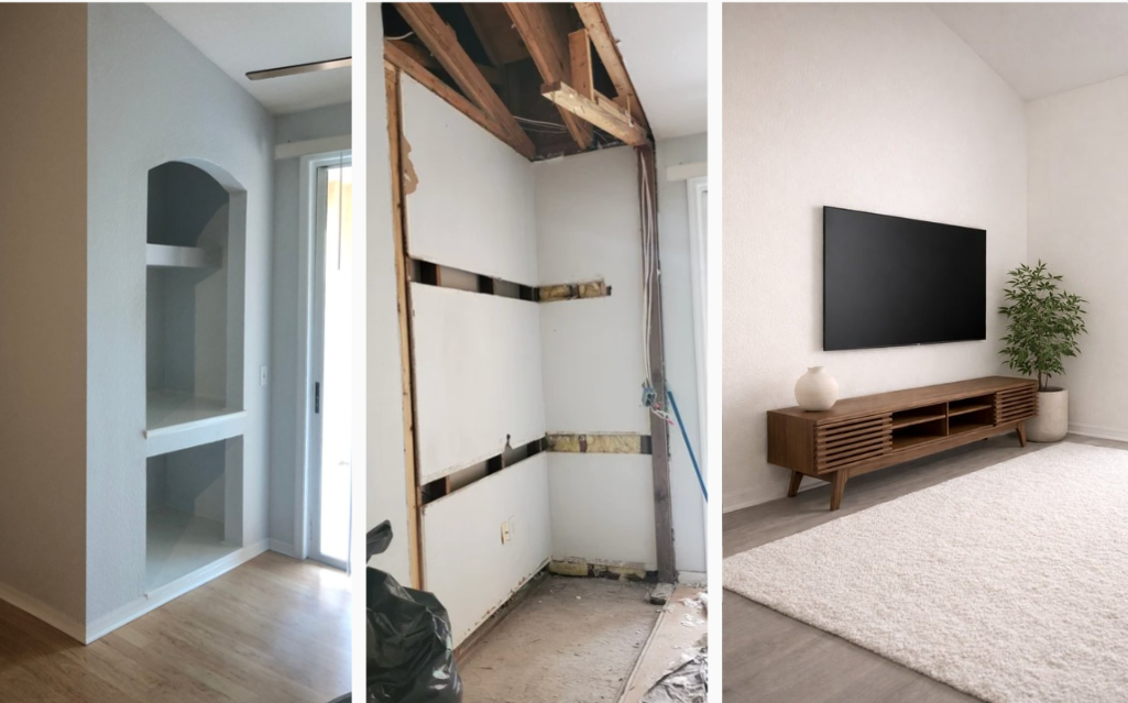 Before and after condo renovation showing removal of a built-in wall feature and transformation into a modern minimalist living space by RAUM-WERK.