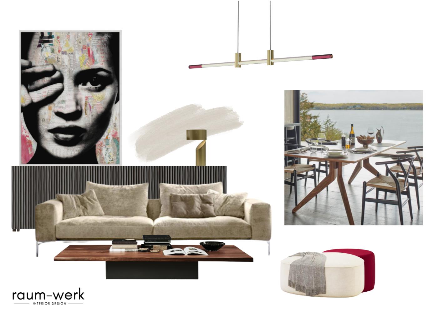 Interior design mood board featuring contemporary furniture, artwork, lighting, and warm neutral material selections for a modern condo concept by RAUM-WERK.