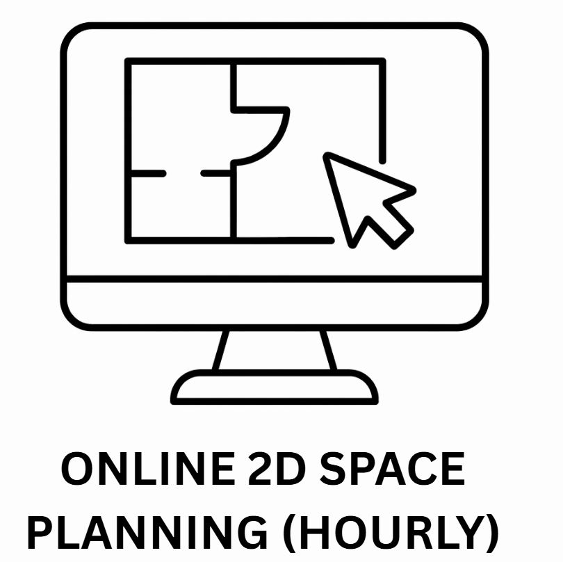 Black and white line drawing of a computer monitor displaying a 2D floor plan with a cursor pointing to it. Below, text reads "Online 2D Space Planning (Hourly)."