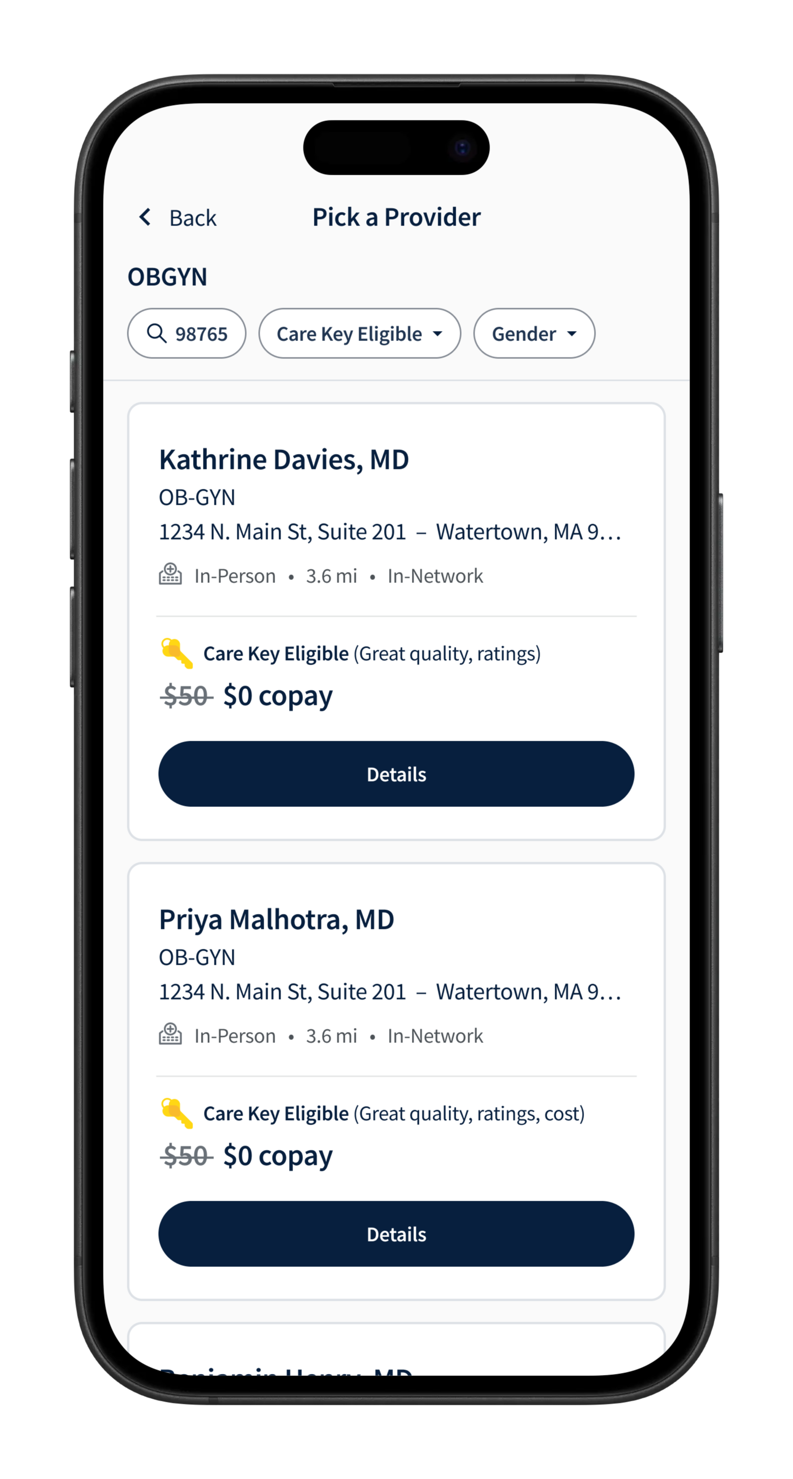 Provider search and cost comparison functionality connecting members with in-network specialists and transparent pricing
