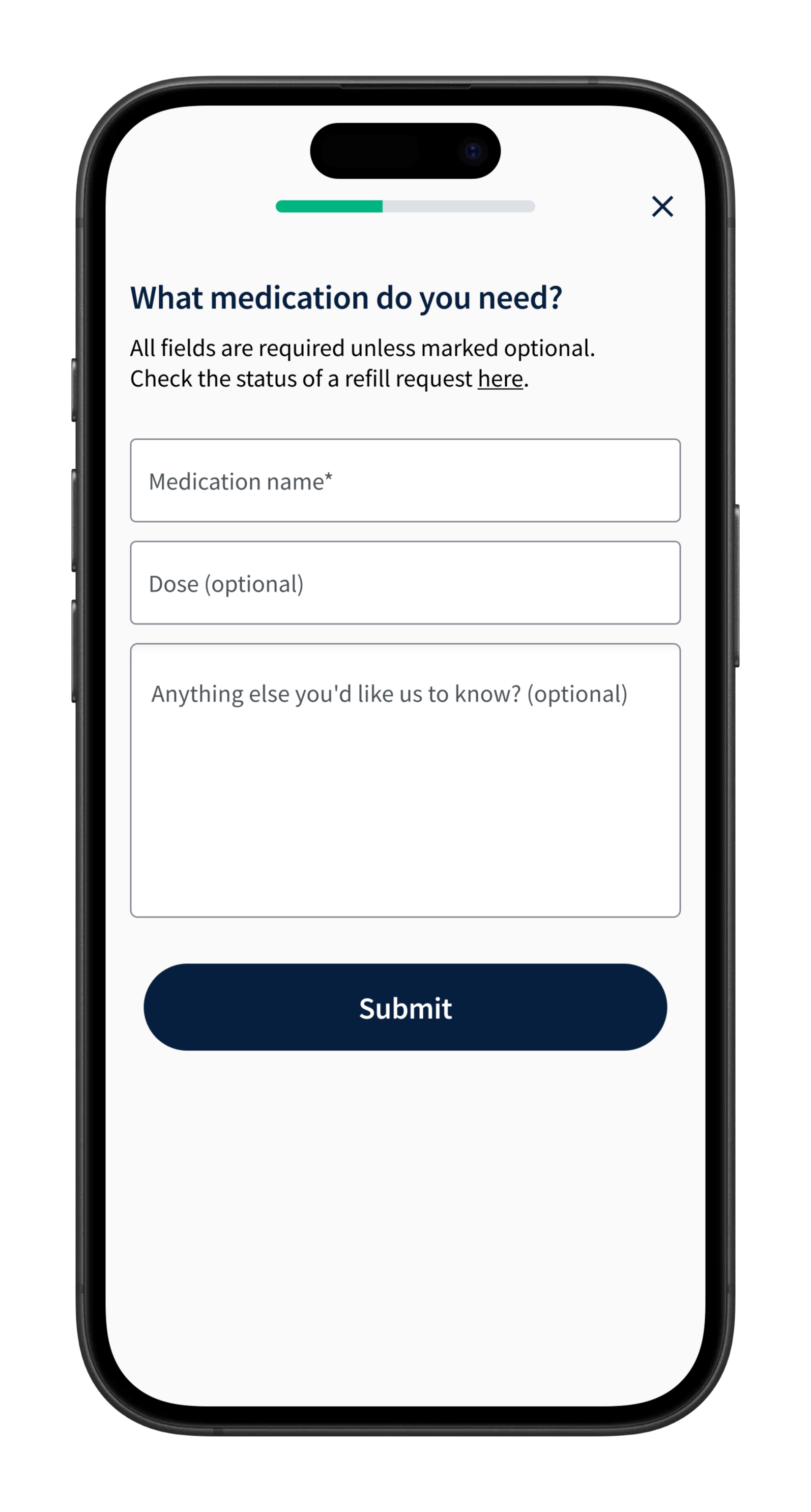 For the initial release of automated rx refills, a simple form gathered all the info that previously required multiple back and forth chat messages.