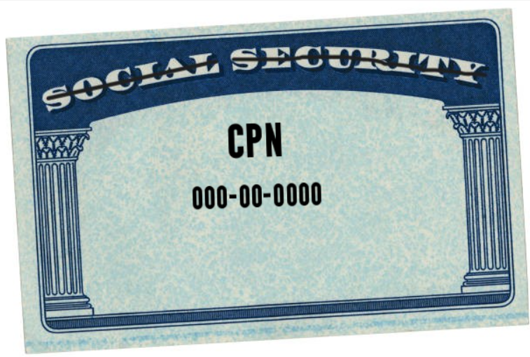 Social Security card with crossed-out text and replaced with CPN and a series of zeros.