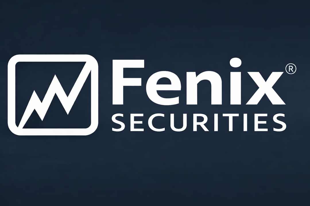 Logotipo de Fenix Securities con un icono de línea de gráfico en un cuadro y el texto 'Fenix Securities' en fondo oscuro.