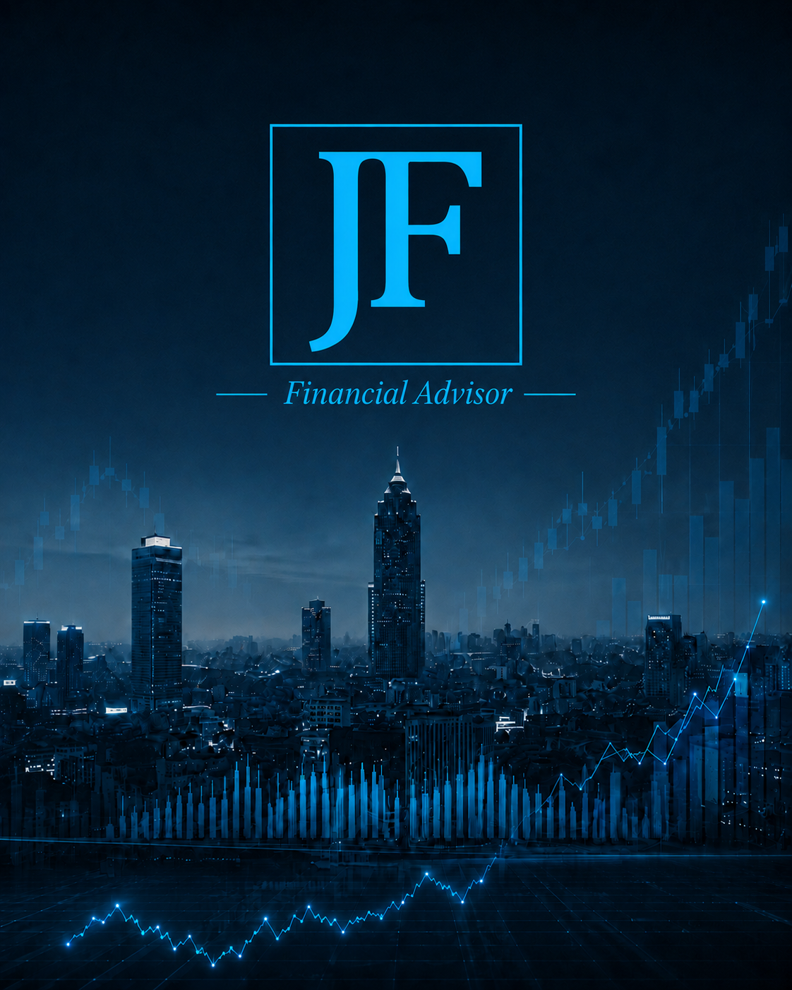 JF Financial Advisor con gráficos de mercados y skyline financiero.