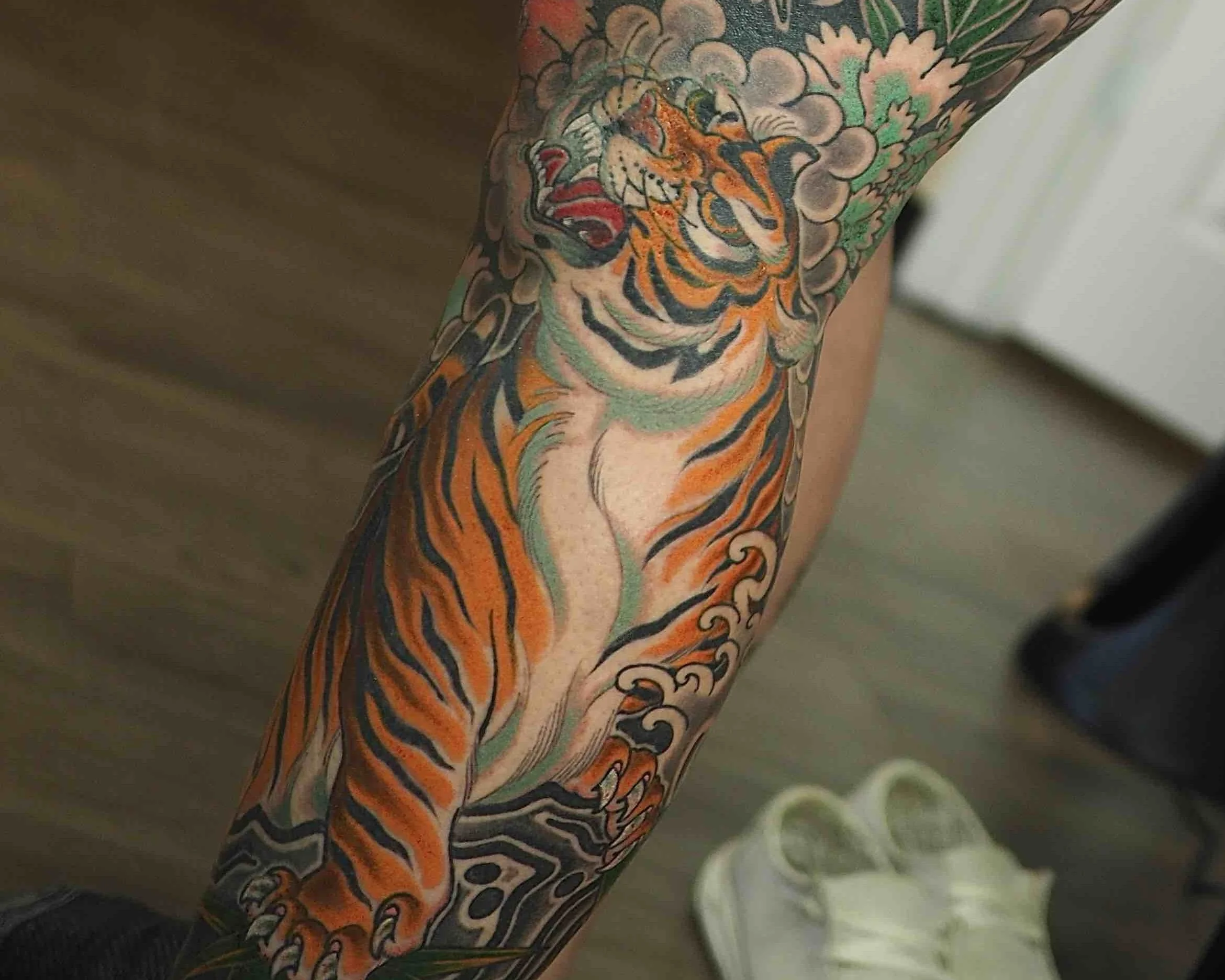 Japanese tiger tattoo leg sleeve by Atlanta tattoo artist Wes Holland