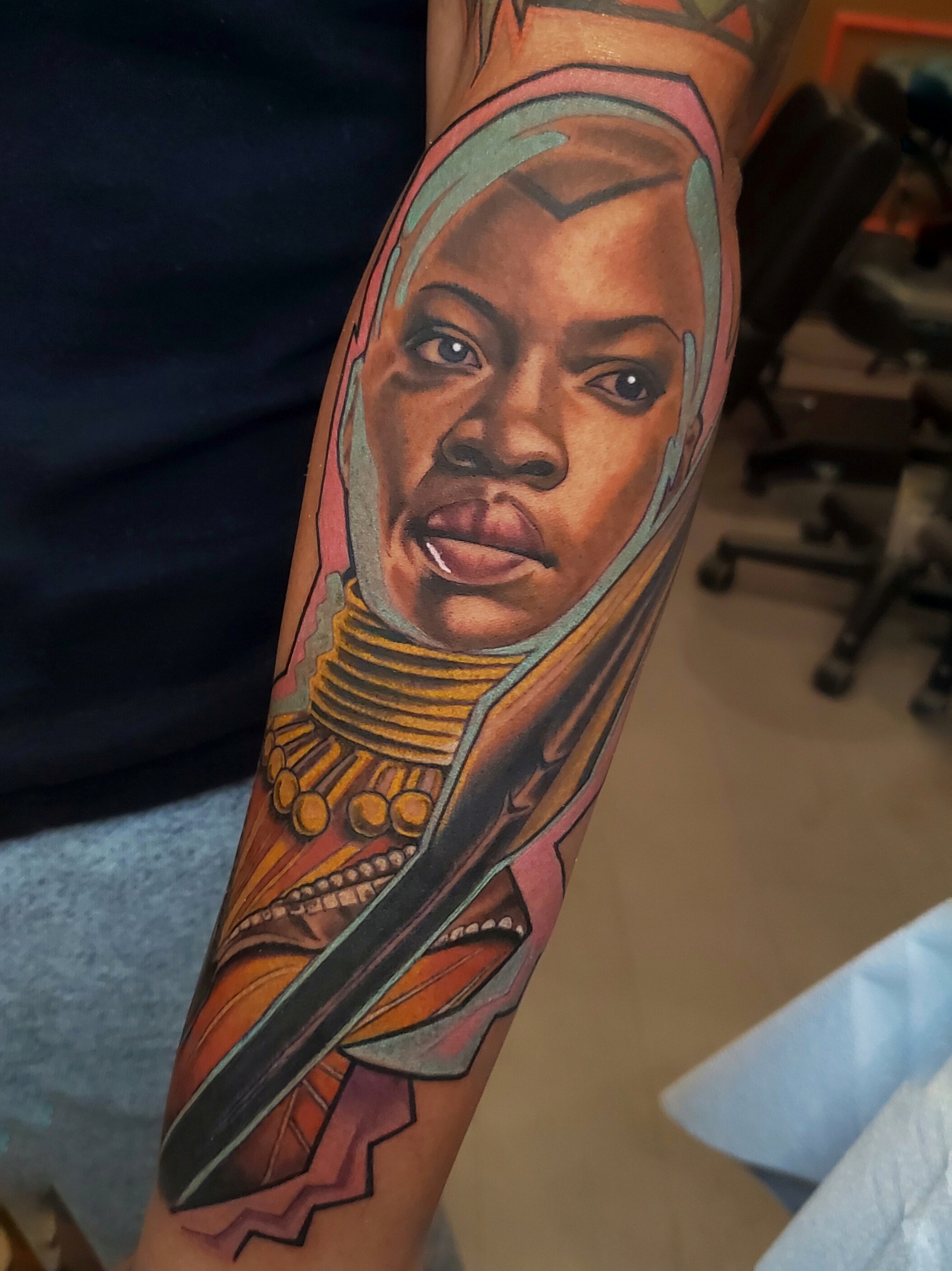 Okoye (Danai Gurira) Portrait tattoo by Wes Holland at Lightwork Tattoo in Sandy Springs Atlanta