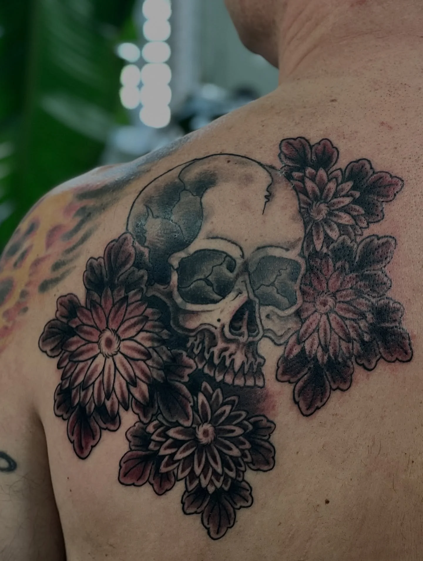 Some still shots of Sergio’s Japanese chrysanthemum and skull cover-up tattoo @lightworktattoo 
#coverup #sandyspringstattoo #skulltattoo #japanesetattoo