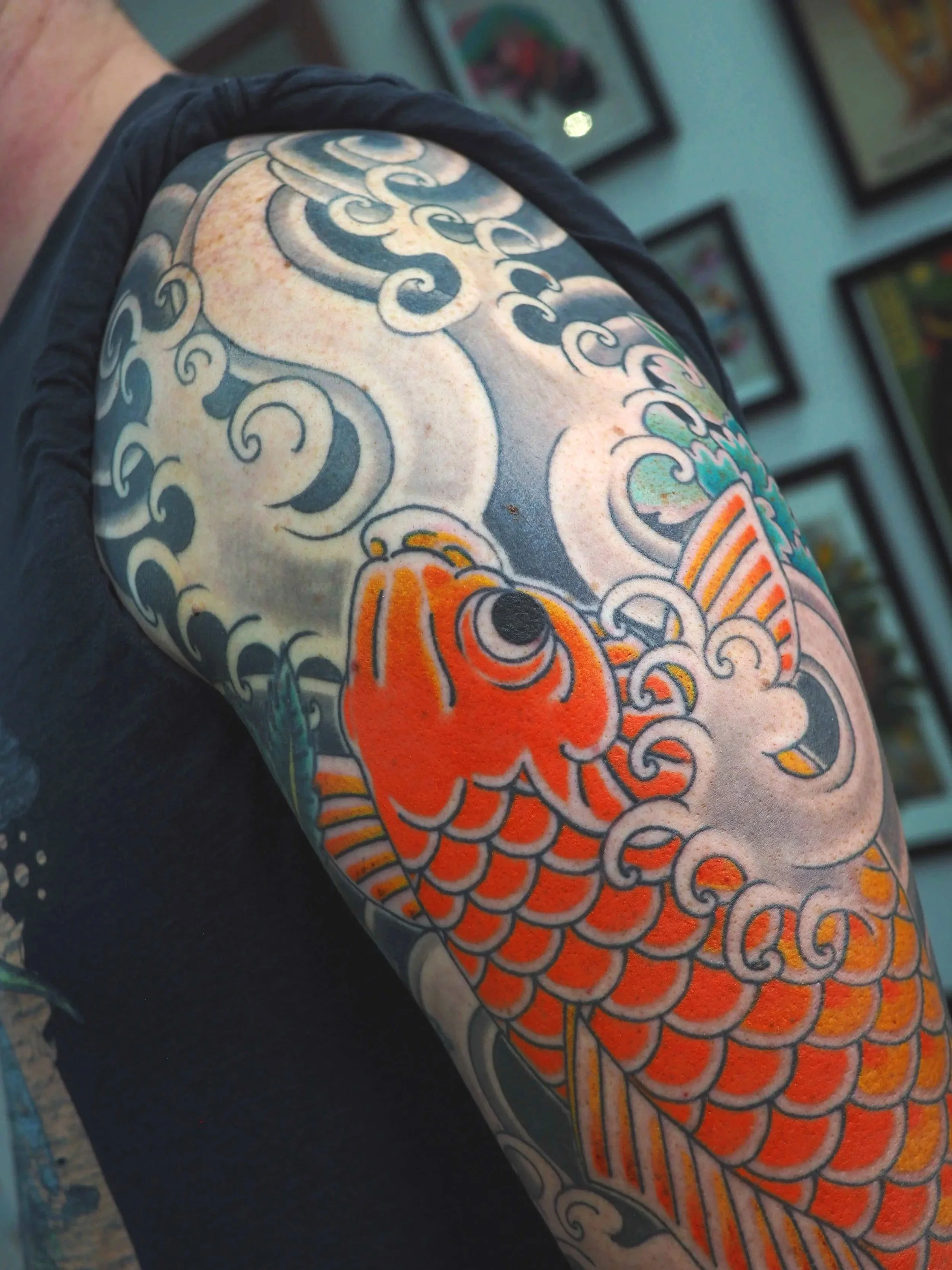 Japanese koi tattoo sleeve close up by Atlanta tattoo artist Wes Holland
