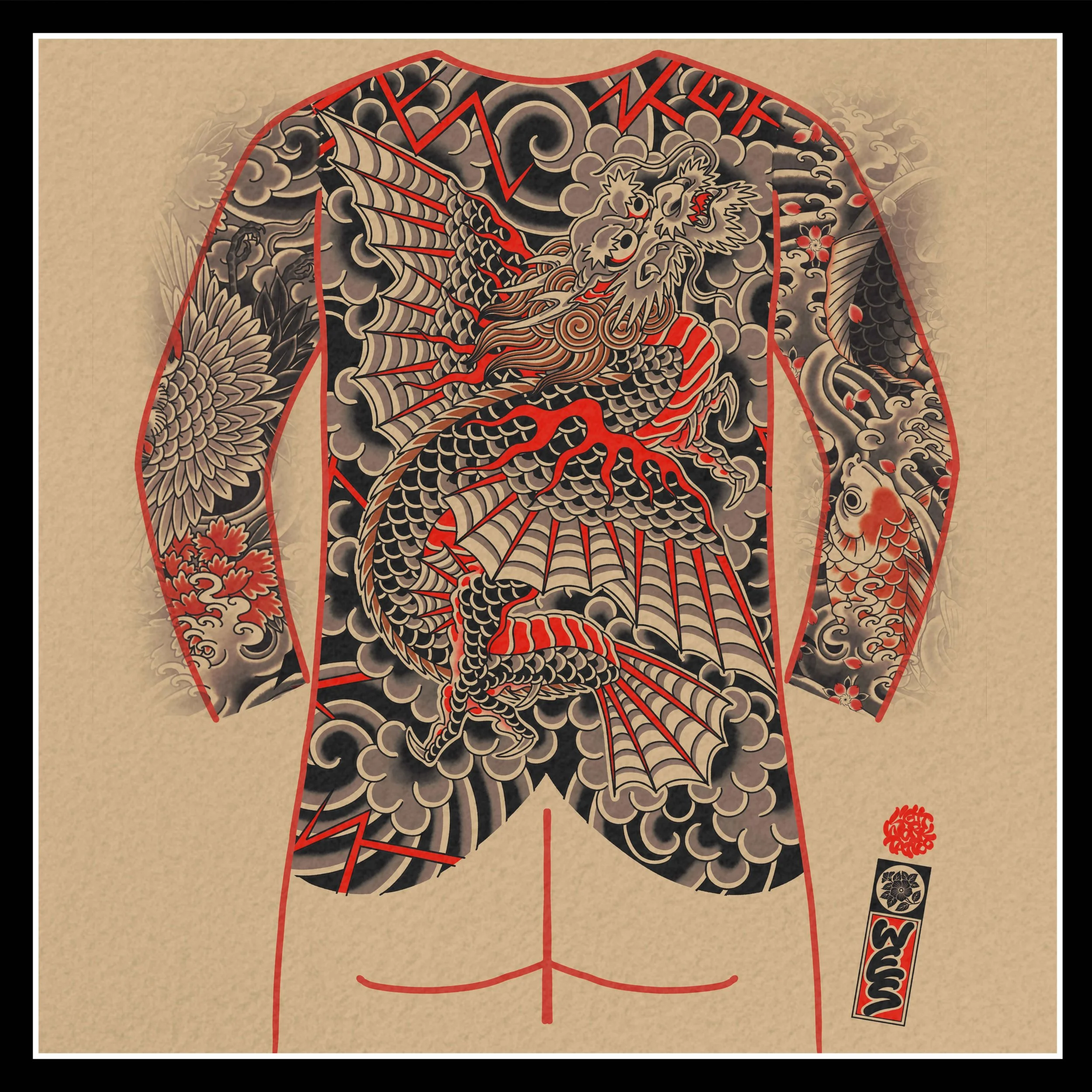 Japanese dragon tattoo design mockup by Atlanta tattoo artist Wes Holland