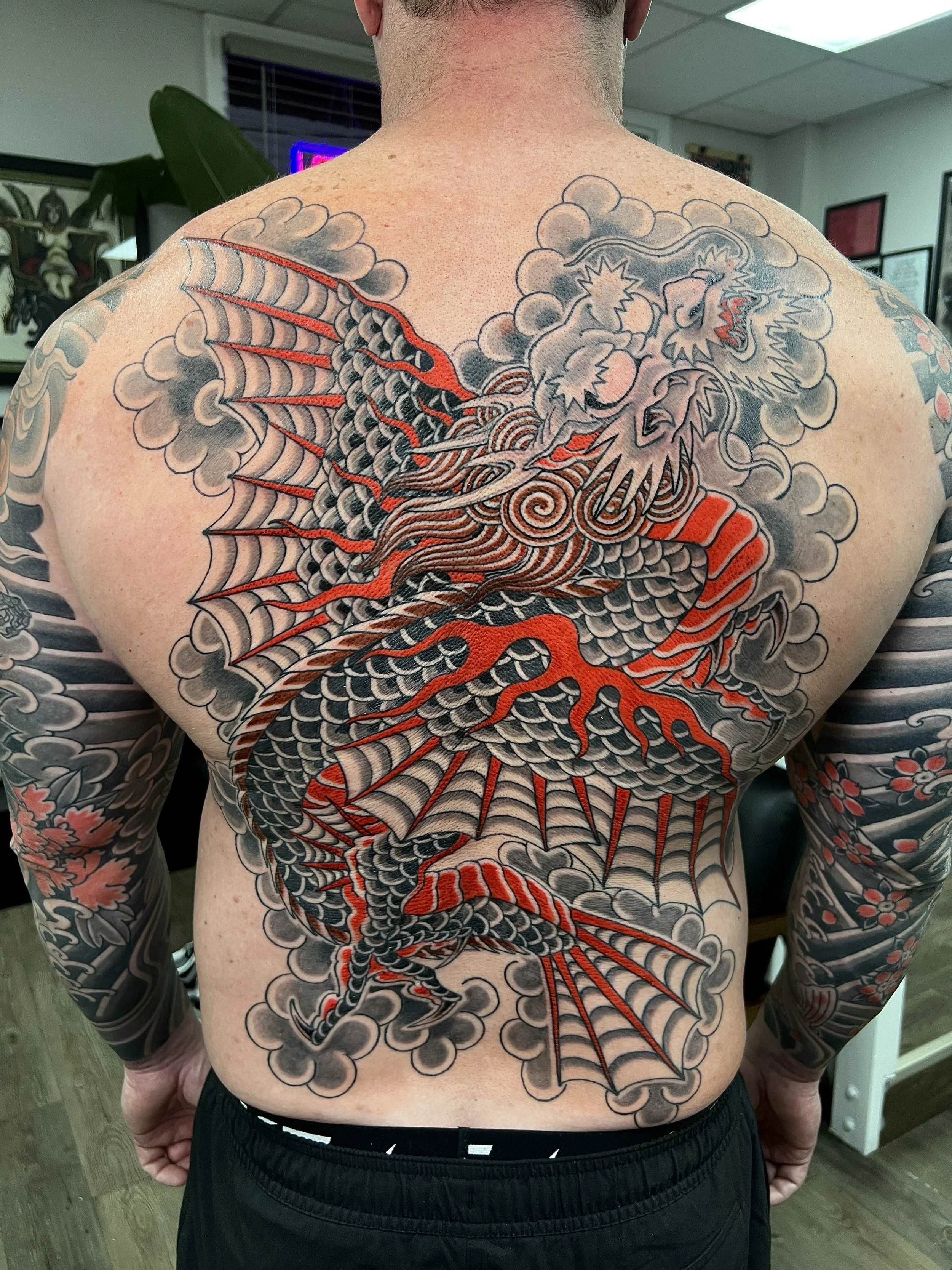 Japanese dragon tattoo in progress by Atlanta tattoo artist Wes Holland