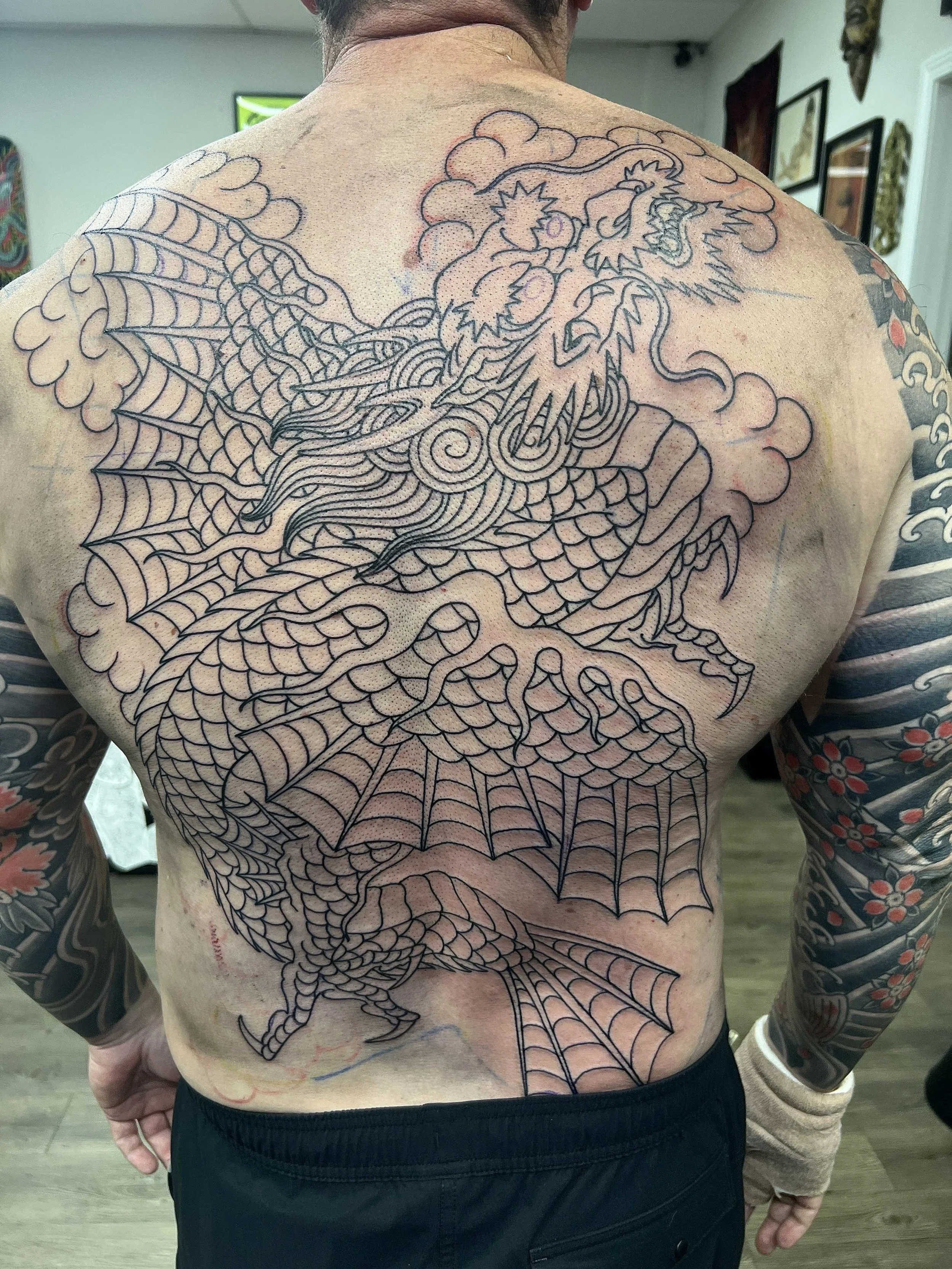 Japanese dragon tattoo backpiece outline by Atlanta tattoo artist Wes Holland