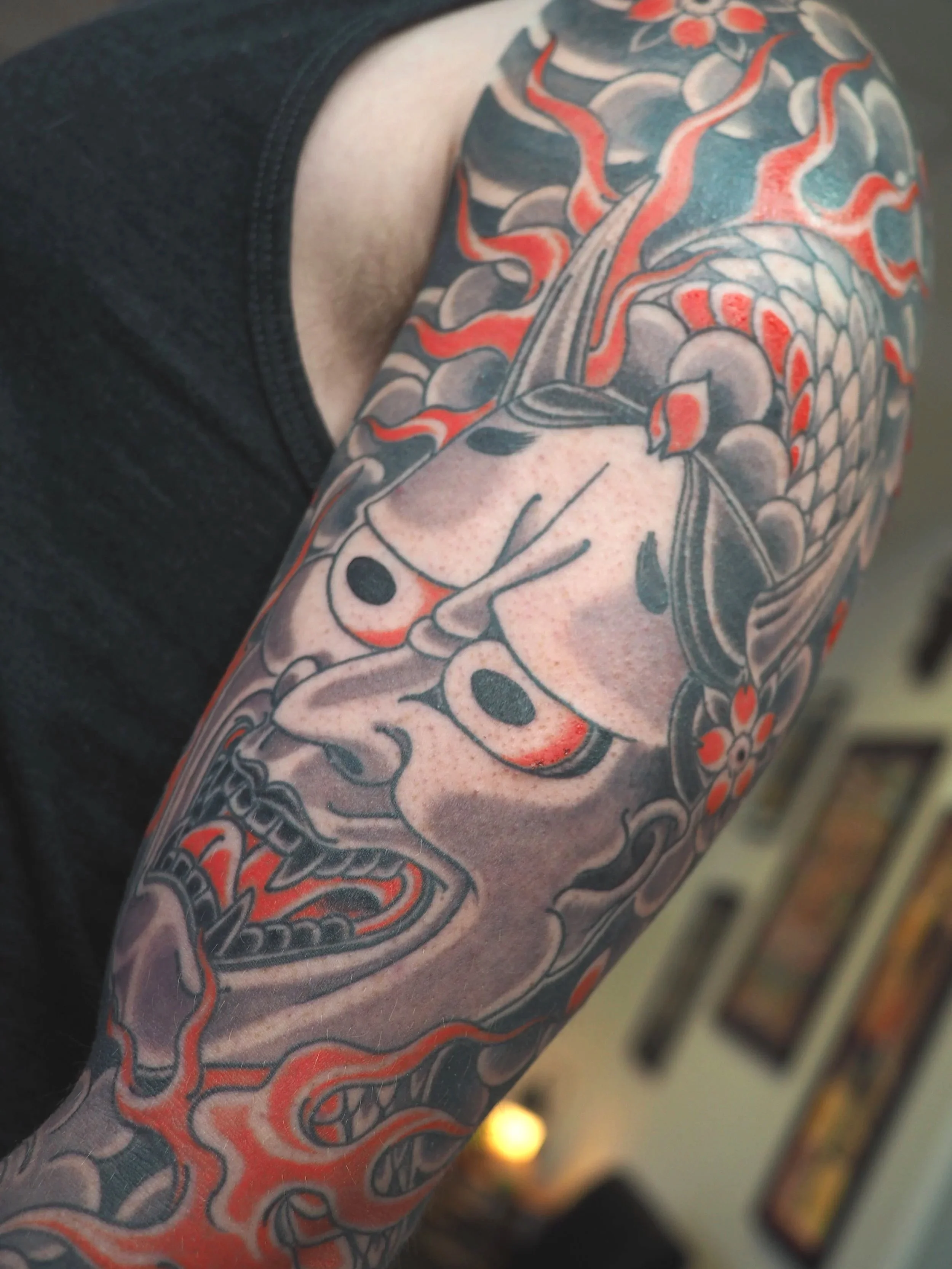 Japanese hannya tattoo sleeve detail by Atlanta tattoo artist Wes Holland
