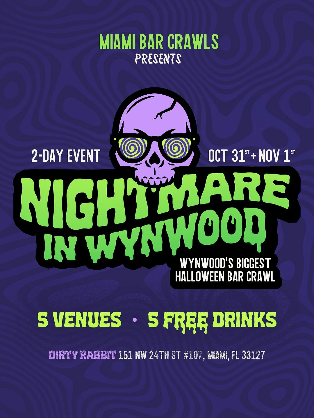 It&rsquo;s here! 👻 The 8th Annual Nightmare in Wynwood kicks off TONIGHT &mdash; let&rsquo;s get spooky.

📍 Check-In Location: The Dirty Rabbit &ndash; 151 NW 24th St #107, Miami, FL
 ⏰ Check-In Window: 5 PM &ndash; 8 PM
 🚫 No entry at The Dirty R