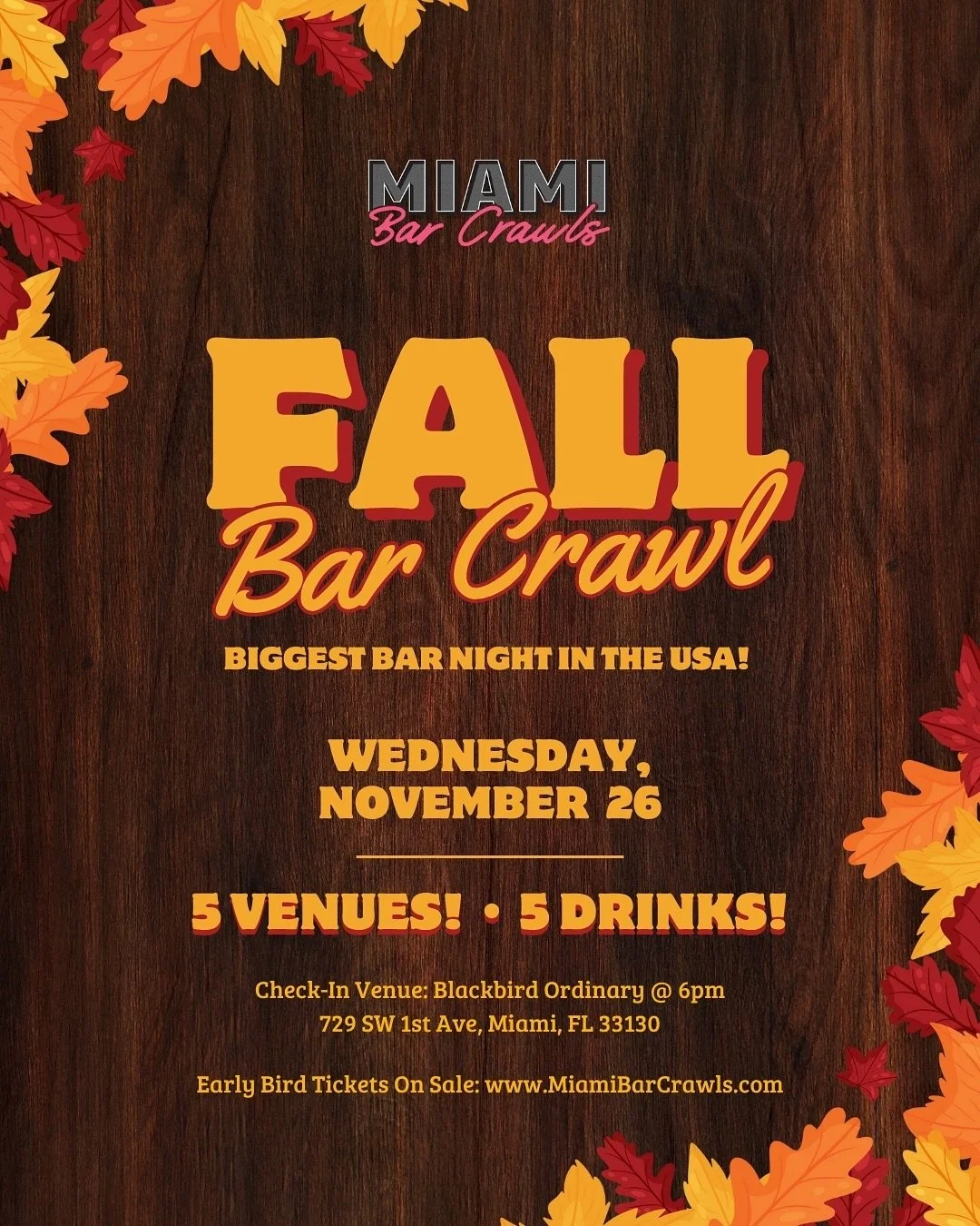 🍁 It&rsquo;s back! The 6th Annual Fall Crawl &ndash; Thanksgiving Eve Bar Crawl returns to Brickell on Wednesday, November 26 &mdash; Miami&rsquo;s favorite pre-Thanksgiving tradition.

Celebrate the biggest bar night in the country with: ✅ 5 FREE d