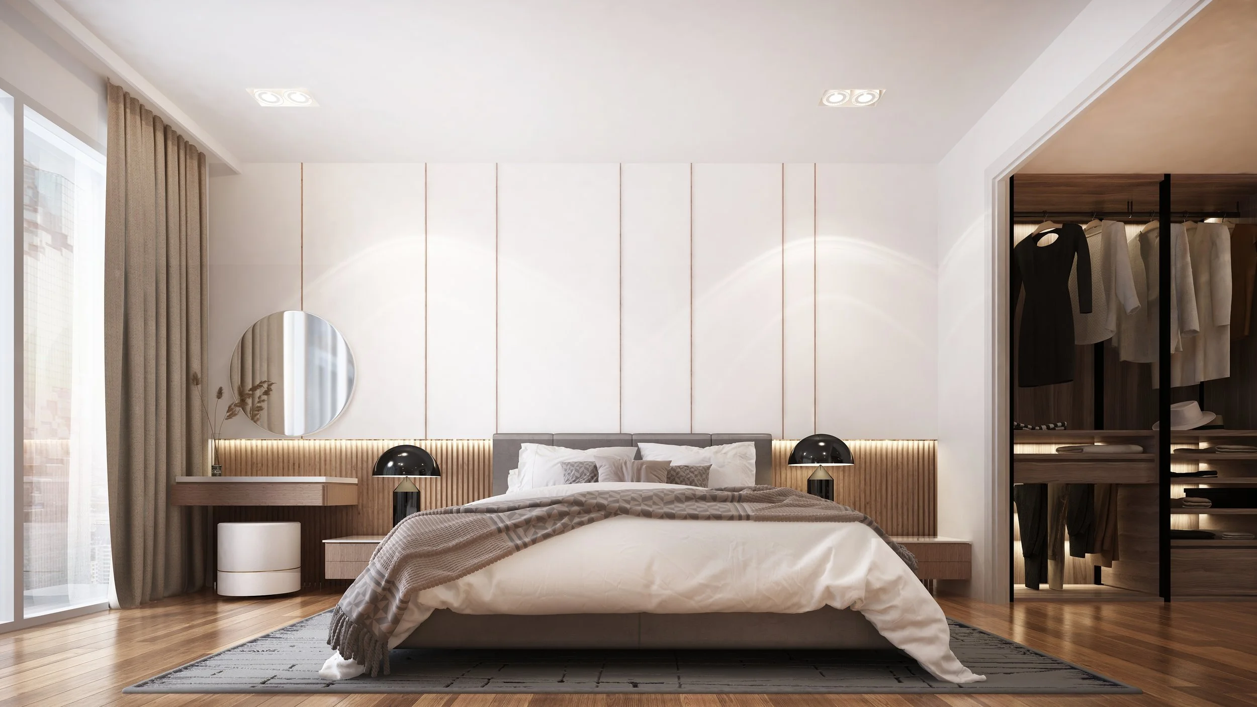 Modern bedroom with a large bed, nightstands with black lamps, a mirror, a side table, beige curtains, and an open closet with hanging clothes.