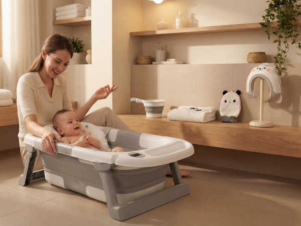 A smiling woman with long brown hair is kneeling beside a baby in a bath set in a bathroom with beige and wooden decor. The bathroom has shelves with towels, a small plant, and various toiletries. There is a plush panda face on the counter, a towel, and a white lamp.