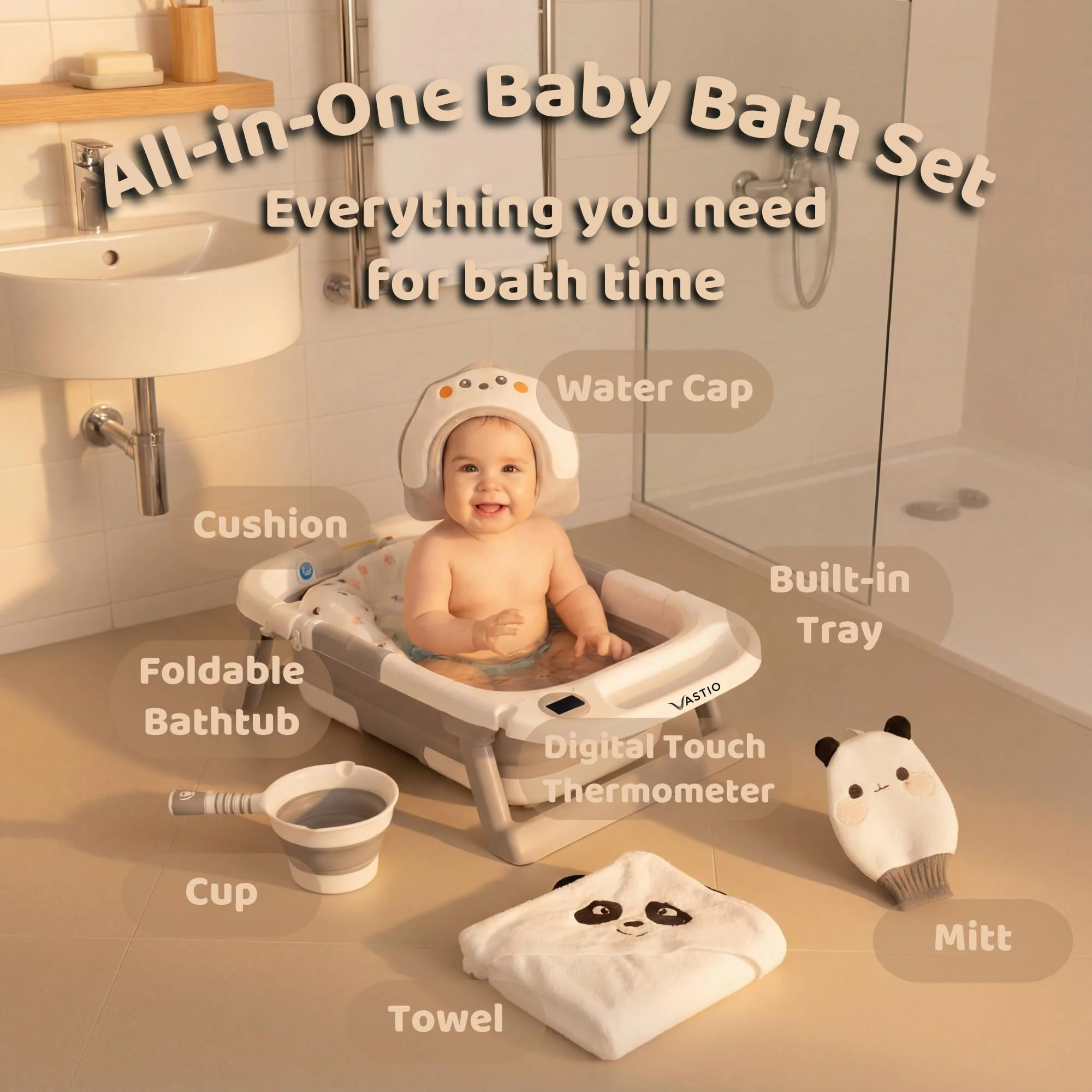 Collapsible baby bathtub set with baby in foldable tub, bath cushion, rinse cup, bath cap, built-in tray, touch thermometer, towel, and mitt.
