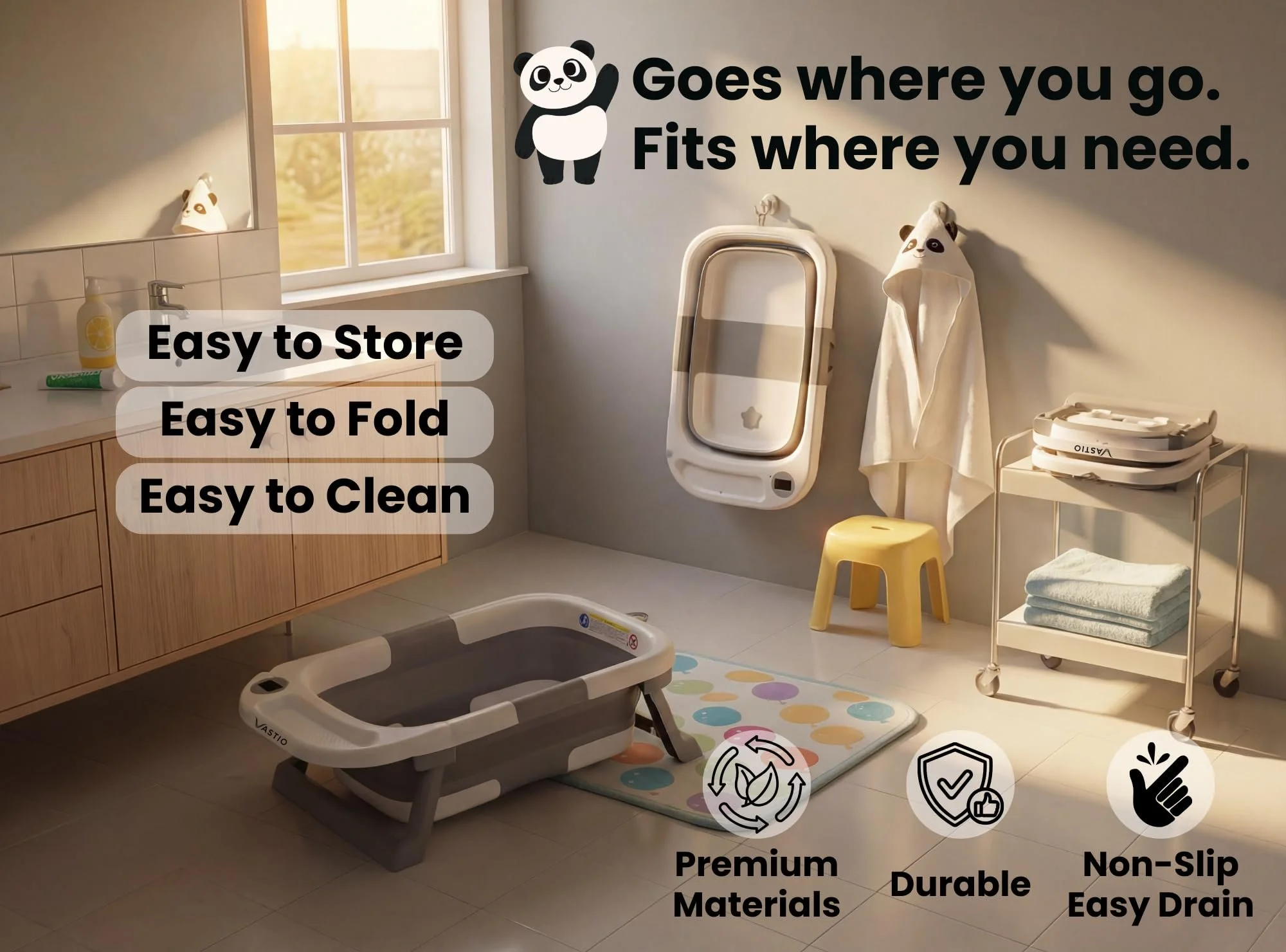 Portable foldable baby bathtub that’s easy to store, fold, and clean, featuring durable materials and a non-slip easy-drain design.