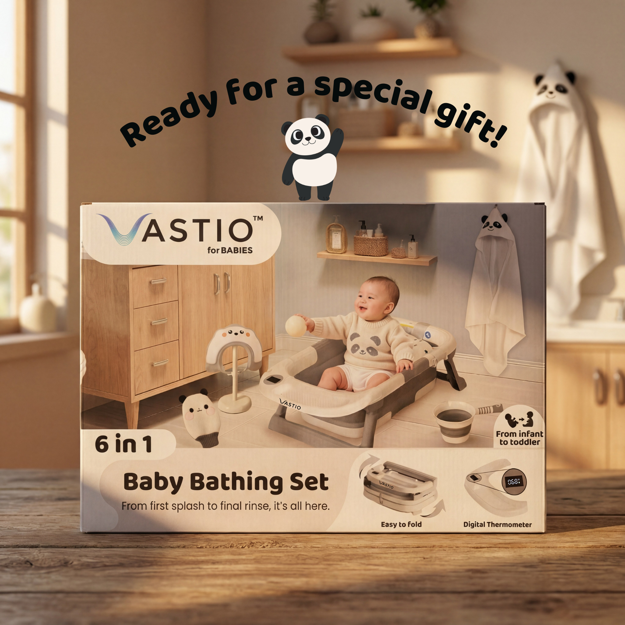 VASTIO 6-in-1 baby bathing set gift-ready packaging box showing a collapsible tub, bath accessories, and digital thermometer on a wooden table.