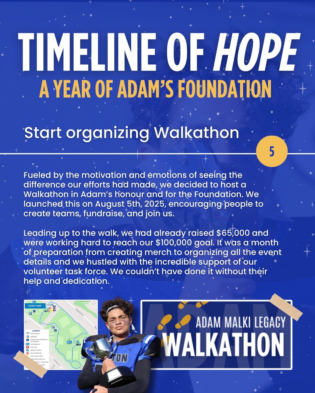 Start organizing Walkathon: Fueled by the motivation and emotions of seeing the difference our efforts had made, we decided to host a Walkathon in Adam&rsquo;s honour and for the Foundation. We launched this on August 5th, 2025, encouraging people to