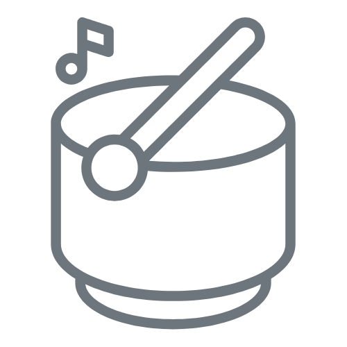 Line drawing of a singing bowl with a mallet and a musical note