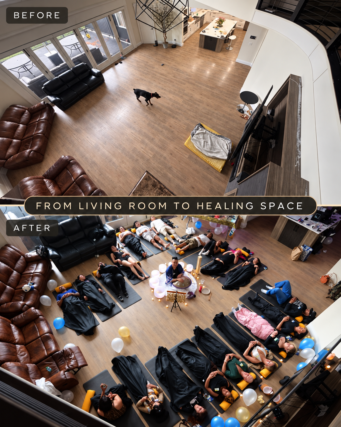 A before and after photo of a transformation of space during a sound healing session for a birthday sound bath in Surrey by Solar Soul Circle