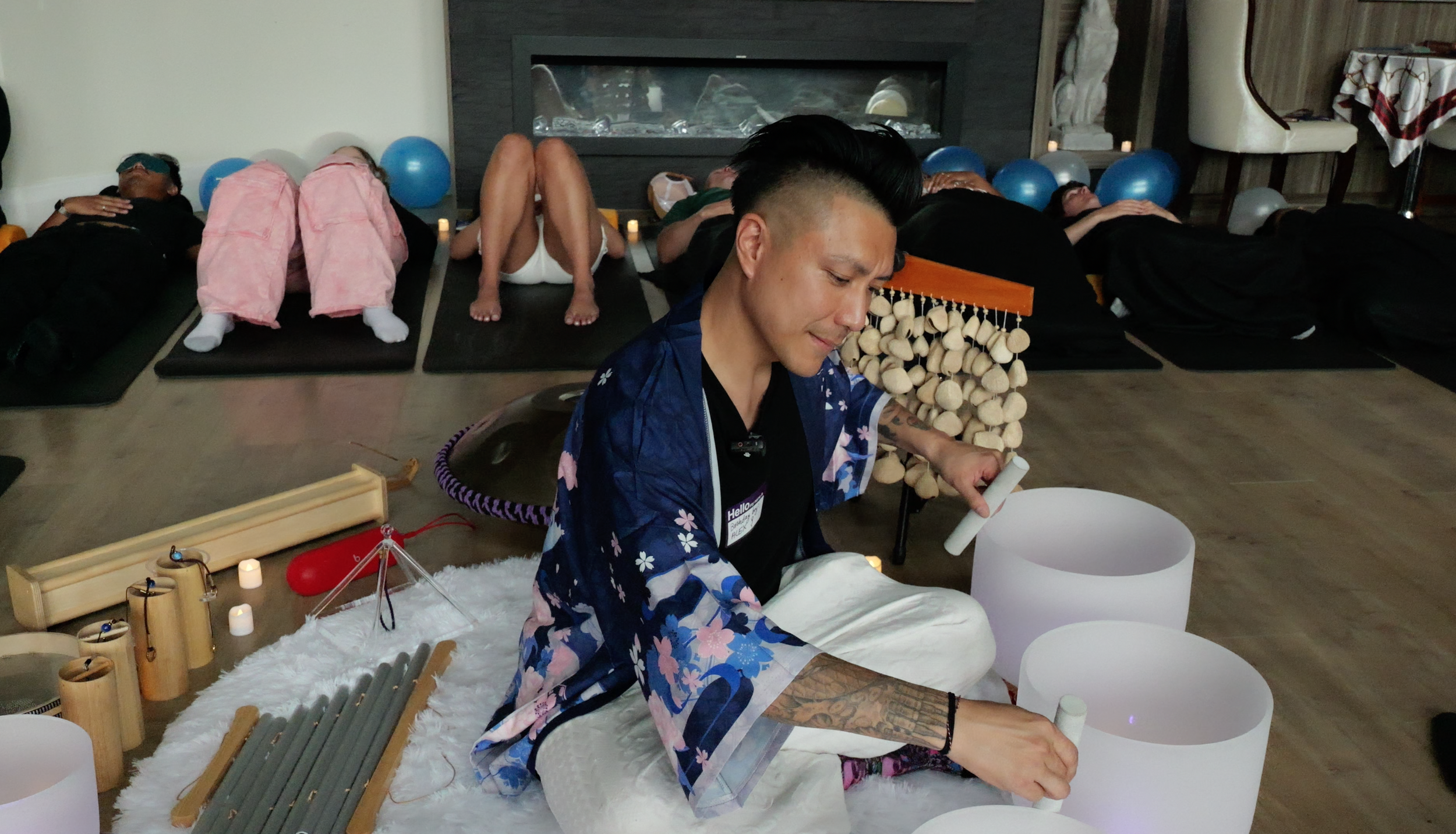 Crystal singing bowls played by sound facilitator Alex Ma for a private birthday party