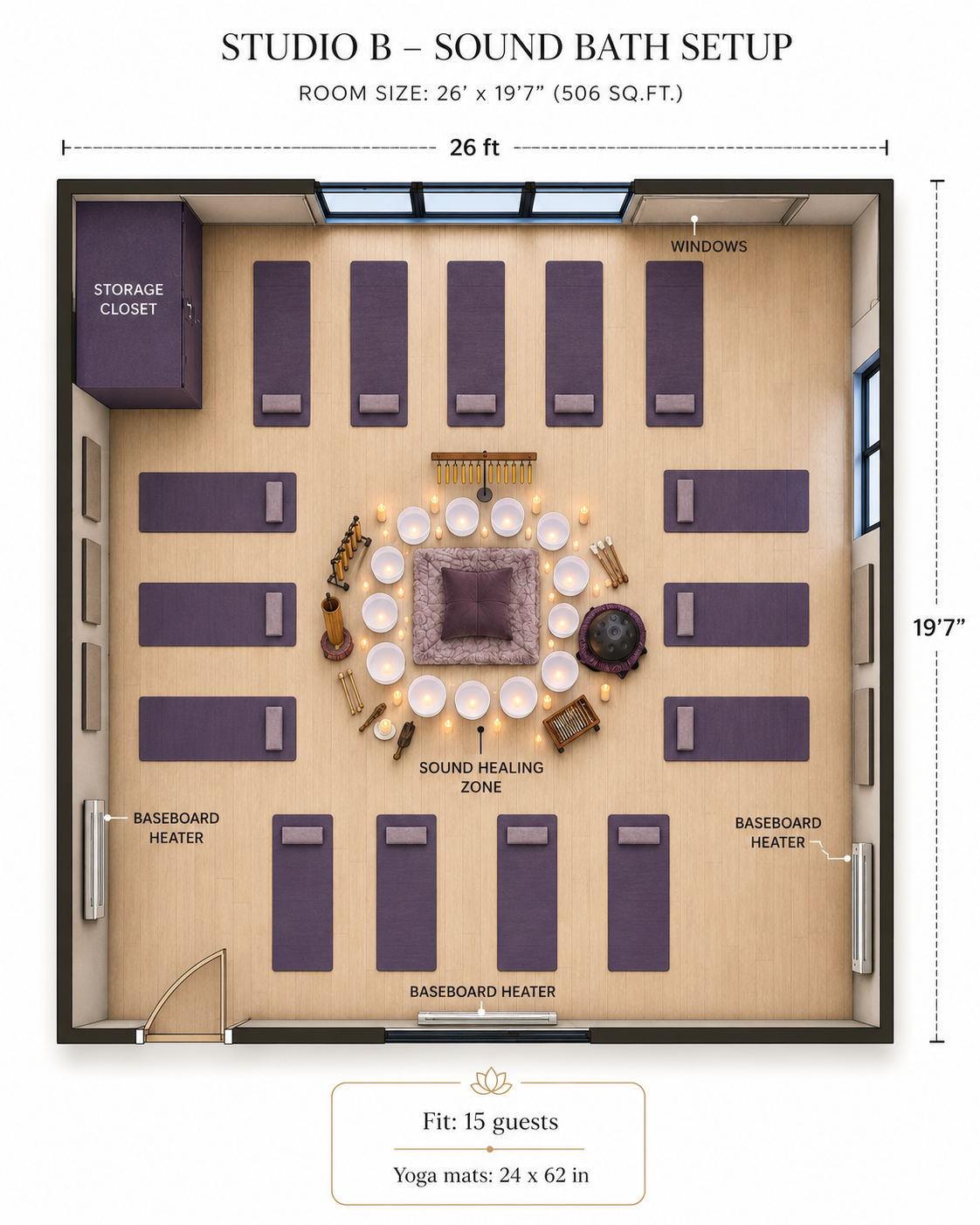 A custom mockup of a sound bath setup for a potential studio space in Granville Island called Studio B