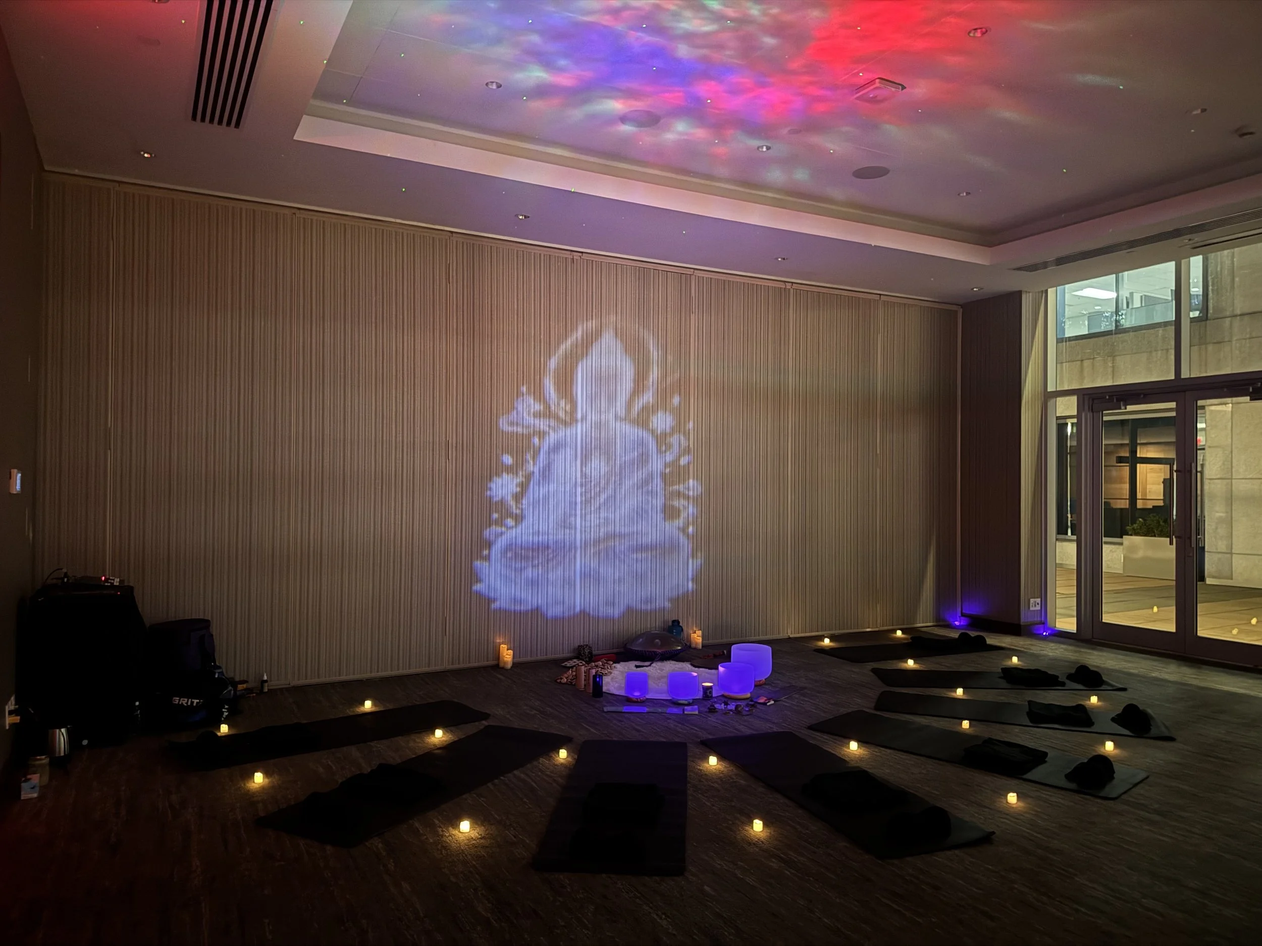 A sound bath set up for Destination Vancouver and the UK Fall Mice team at Paradox Hotel by Solar Soul Circle.