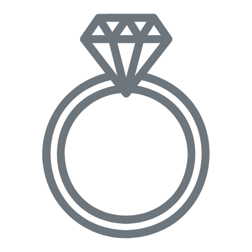 Outline of a diamond engagement ring with a large gemstone on top.
