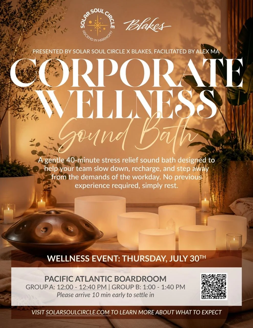 A corporate sound bath flyer made for Blakes law firm in Vancouver by Solar Soul Circle. With details of the custom sound bath, time, date, and website